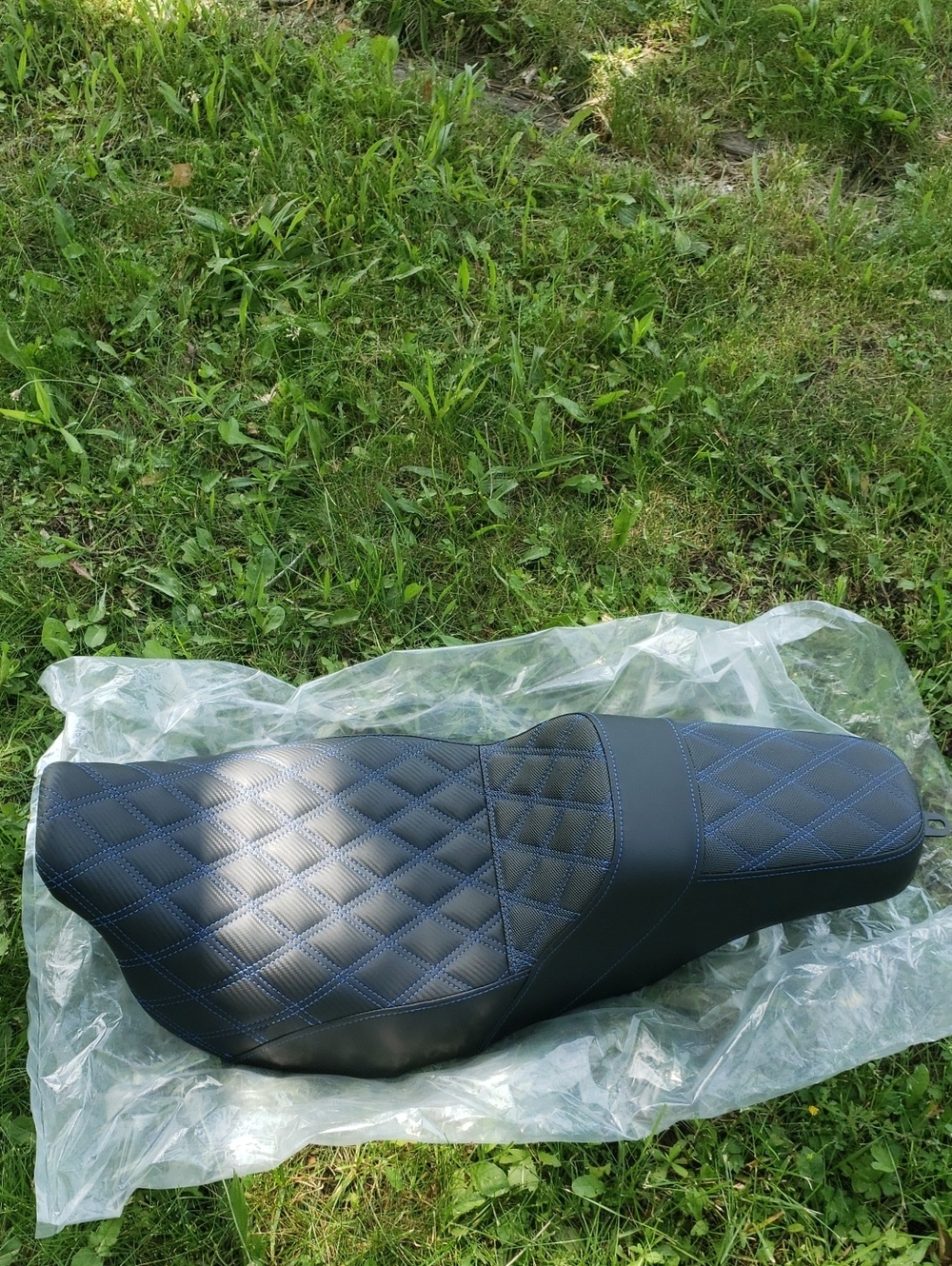 Motorcycle Seat Compatible With Harley Davidson - with Quilted Blue Stitching